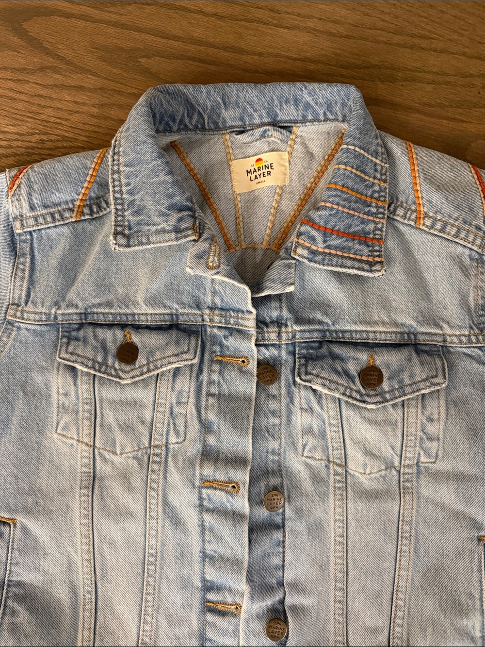 Marine Layer Women’s Light Wash Denim Jacket with Orange Accent Stitching